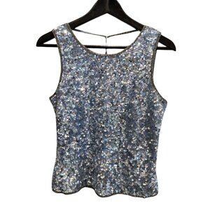 Vintage Scala Women's Silk Sequin Beaded Blue Low Back Tie Top Size Medium